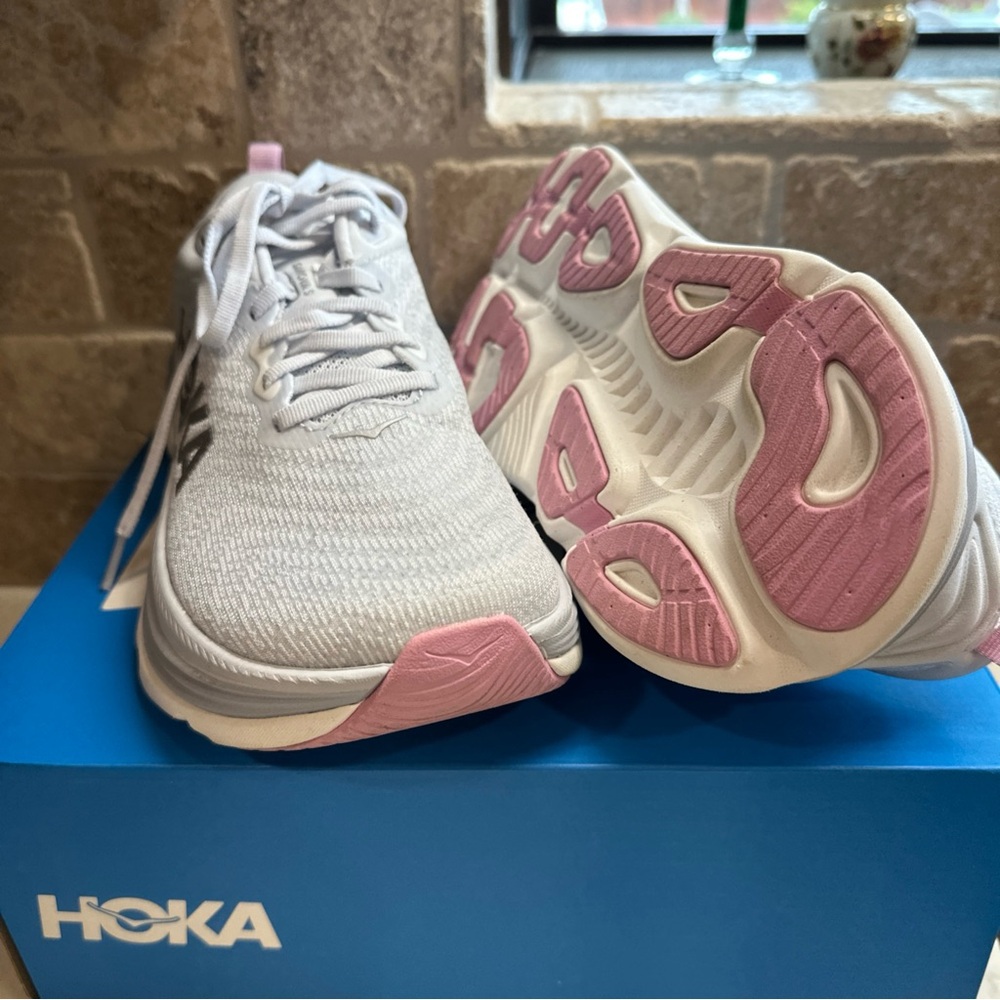 Hoka White Athletic Shoes with Pink Heel Loop - Picture 3 of 16